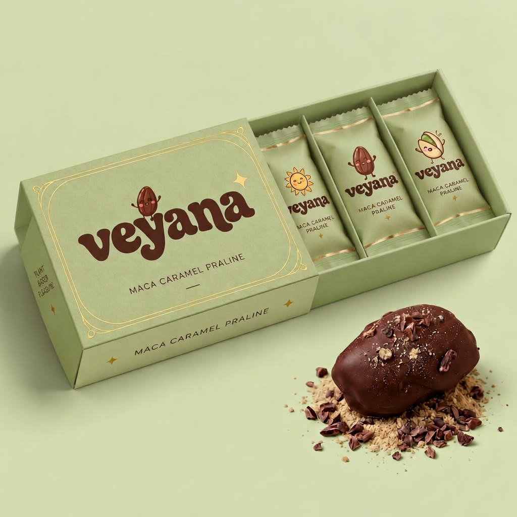 VEYANA matte-paper triple packaging concept with delicate gold detailing, three character wrappers and a whole Maca date beside the box